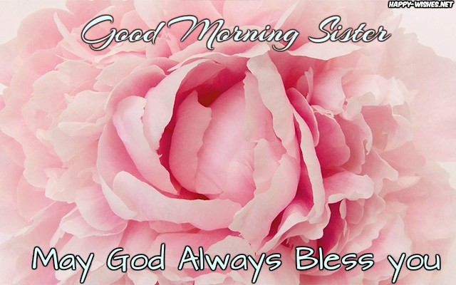 Good Morning Sister Wishes With Beautiful Pink Flower in the background